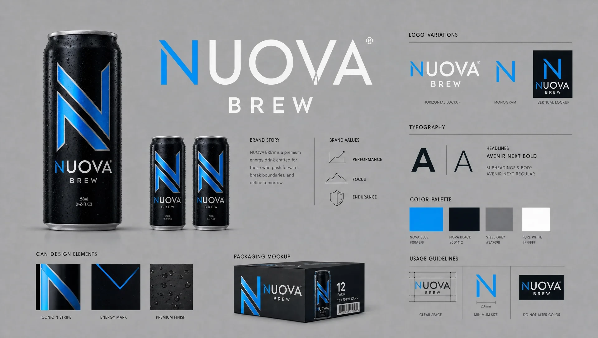 Brand identity board with the logo and its variations, typography, color palette, can design elements, a 12-pack mockup and usage guidelines