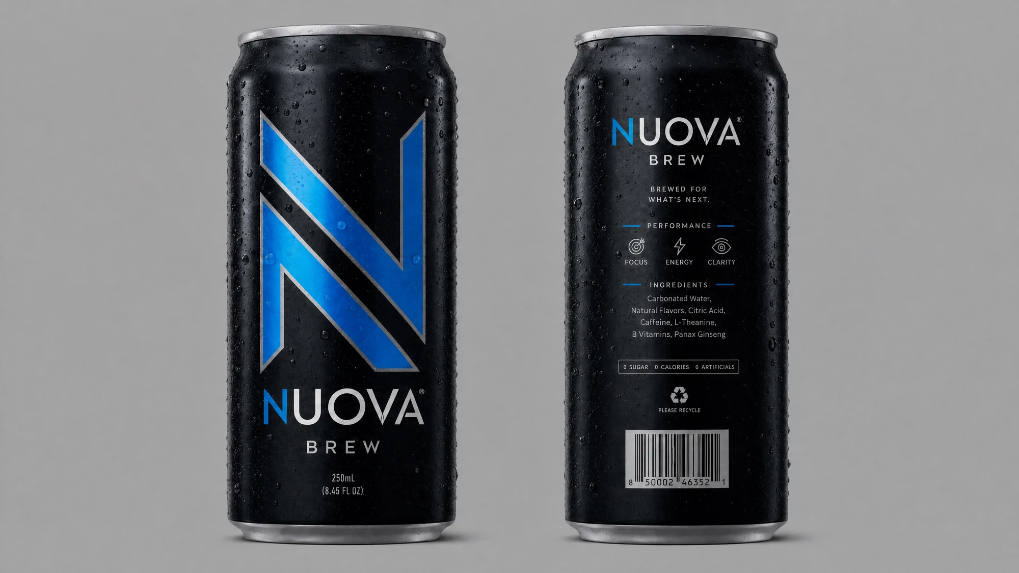 Front and back of the black energy drink can with a blue N mark, the logo, ingredients and a barcode