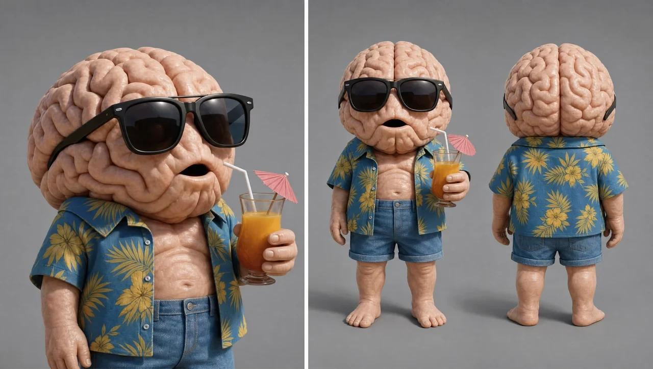 Character sheet of the brain: a close-up in sunglasses holding a drink with an umbrella, plus full-length front and back views in a Hawaiian shirt and denim shorts