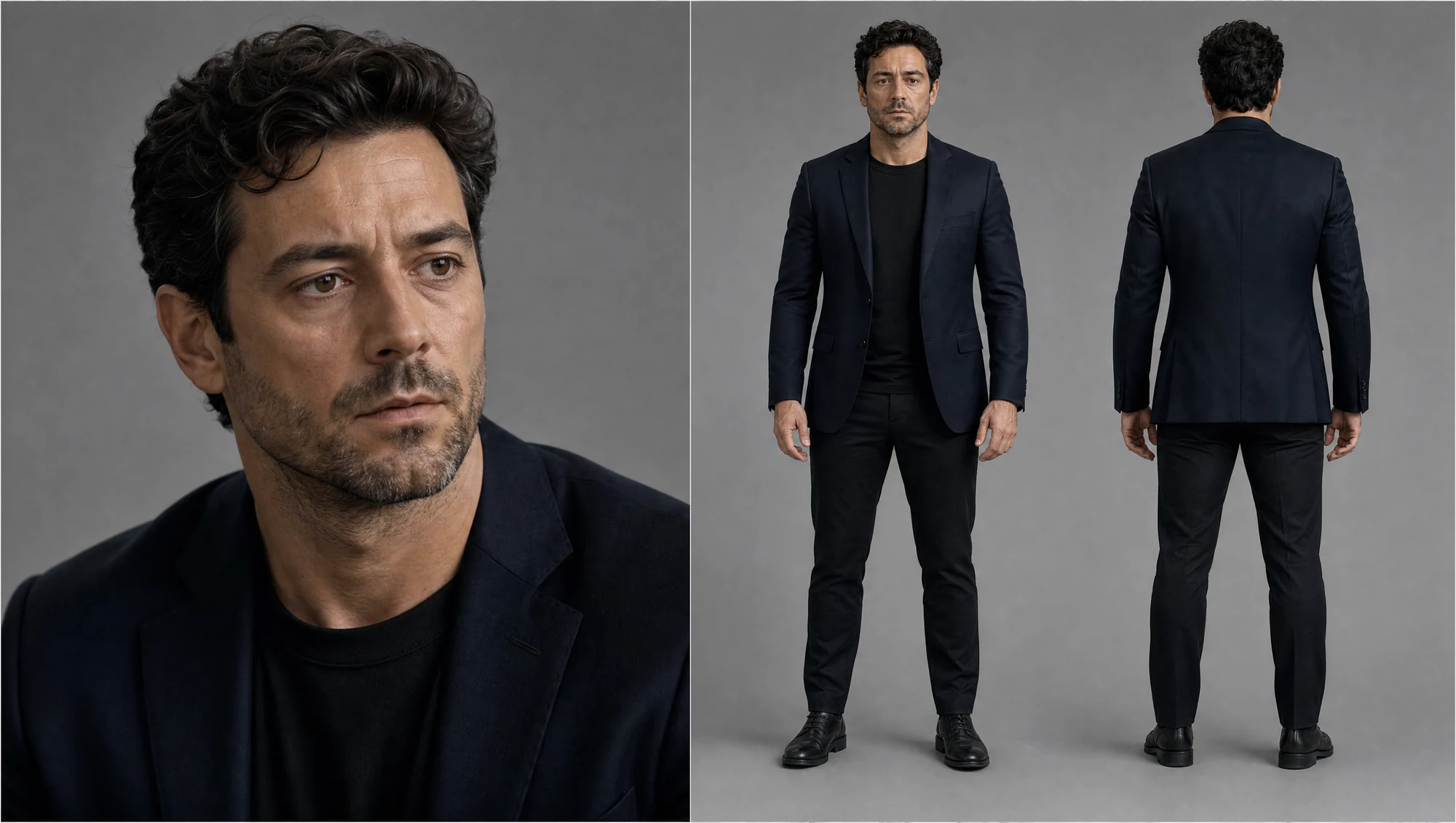 Character sheet of the creative director: a close-up portrait, plus full-length front and back views in a dark navy blazer and black trousers