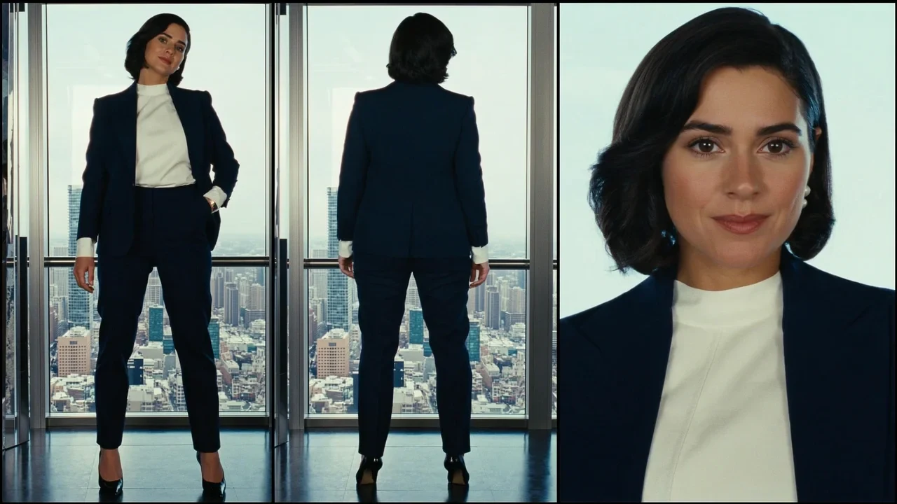 Character sheet of a supporting character: full-length front and back views in a navy suit against a city skyline, plus a close-up portrait