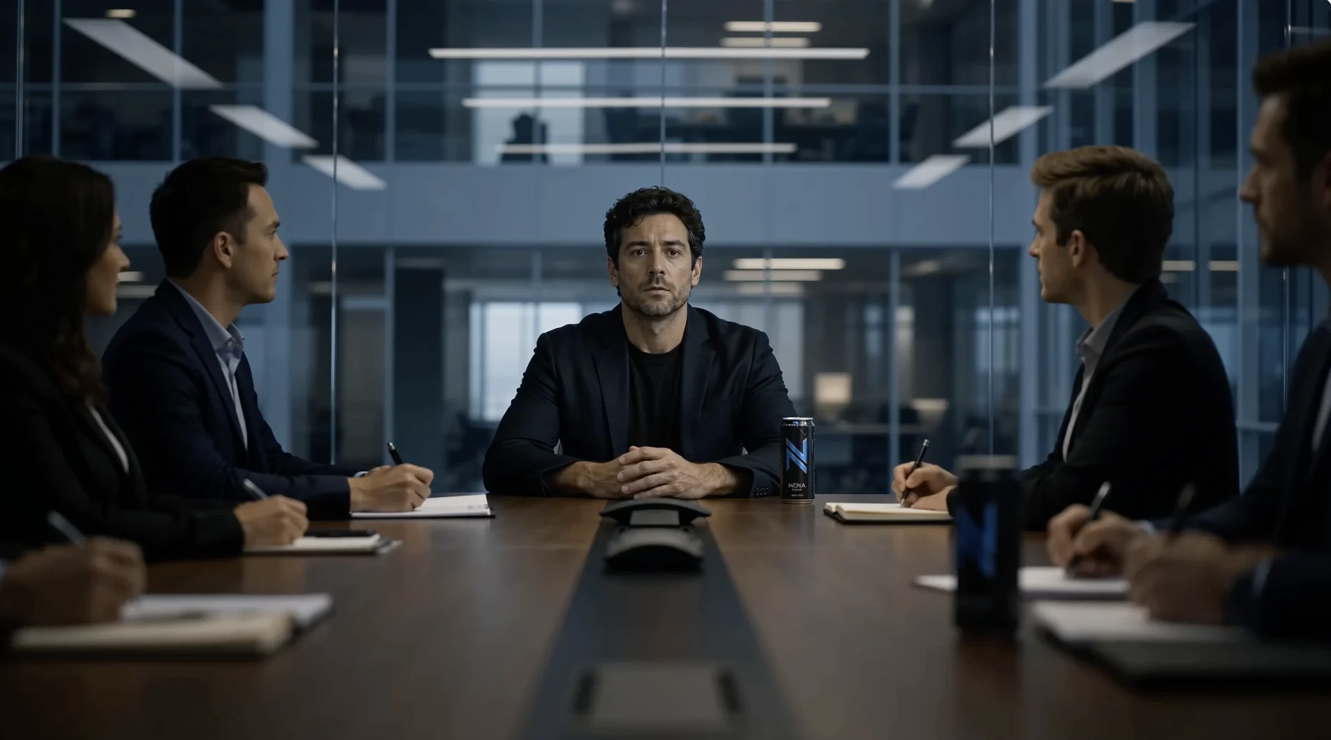 A creative director sits frozen at the center of a boardroom table while his team takes notes around him