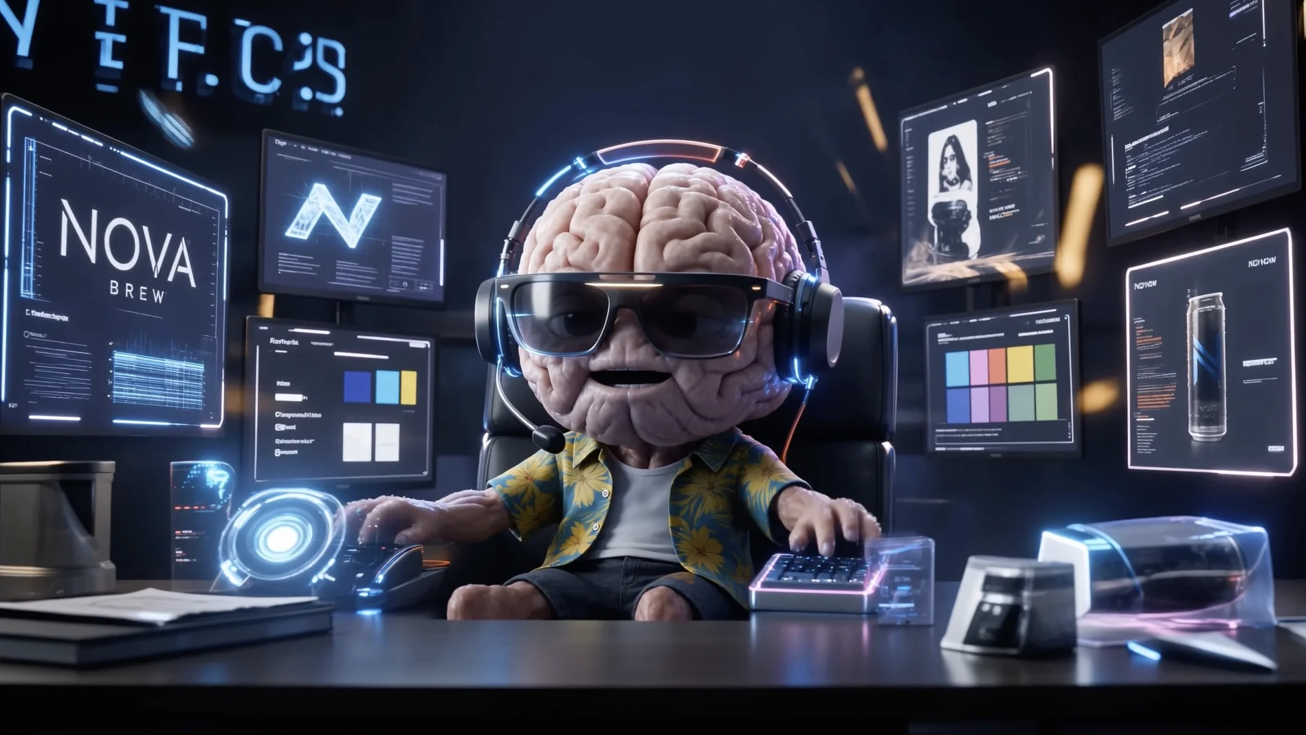 The brain in a headset and glasses sits at a desk surrounded by glowing screens showing logos, color swatches and a can