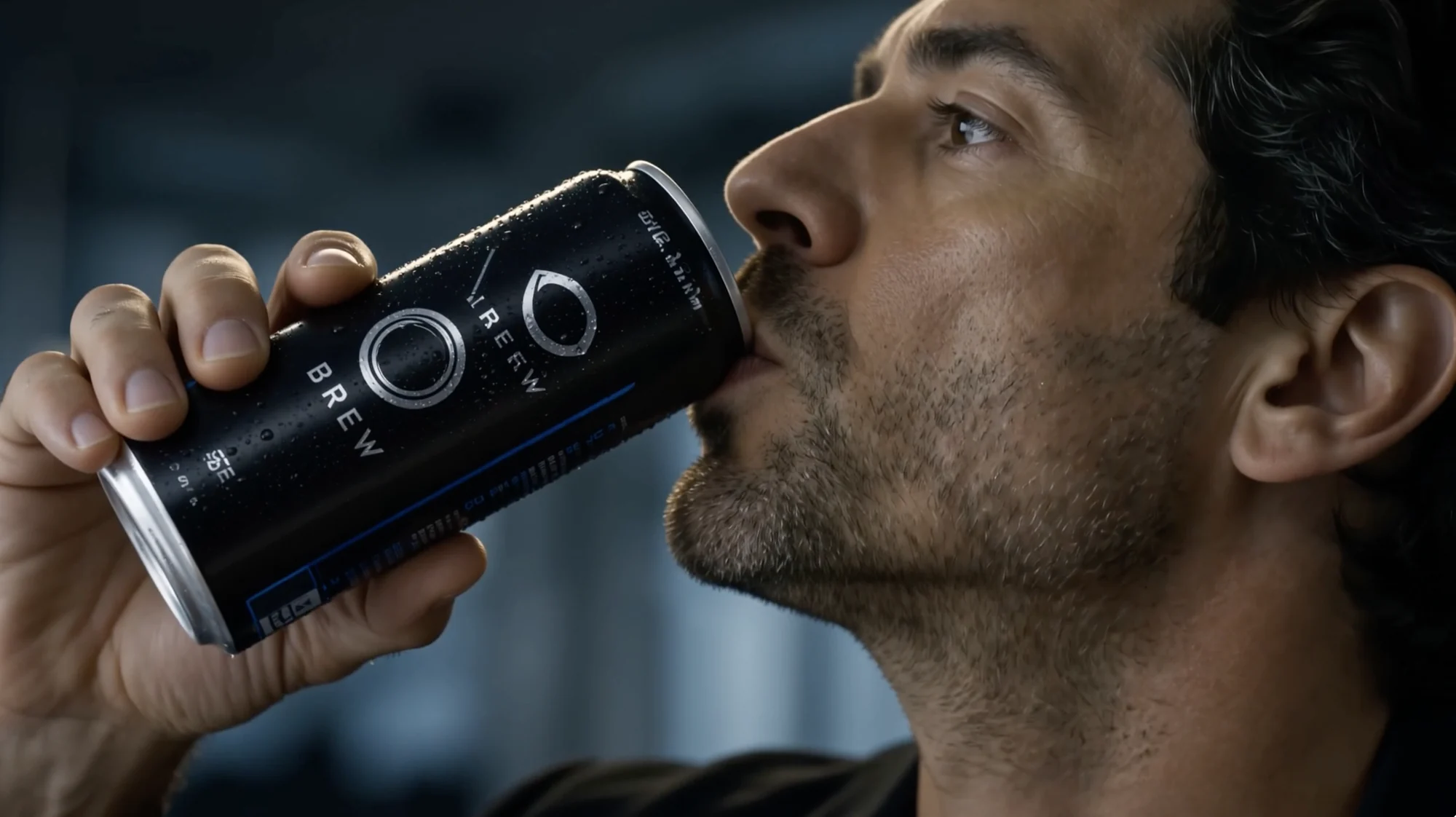 Close-up of a man drinking from a black can with dew drops on it
