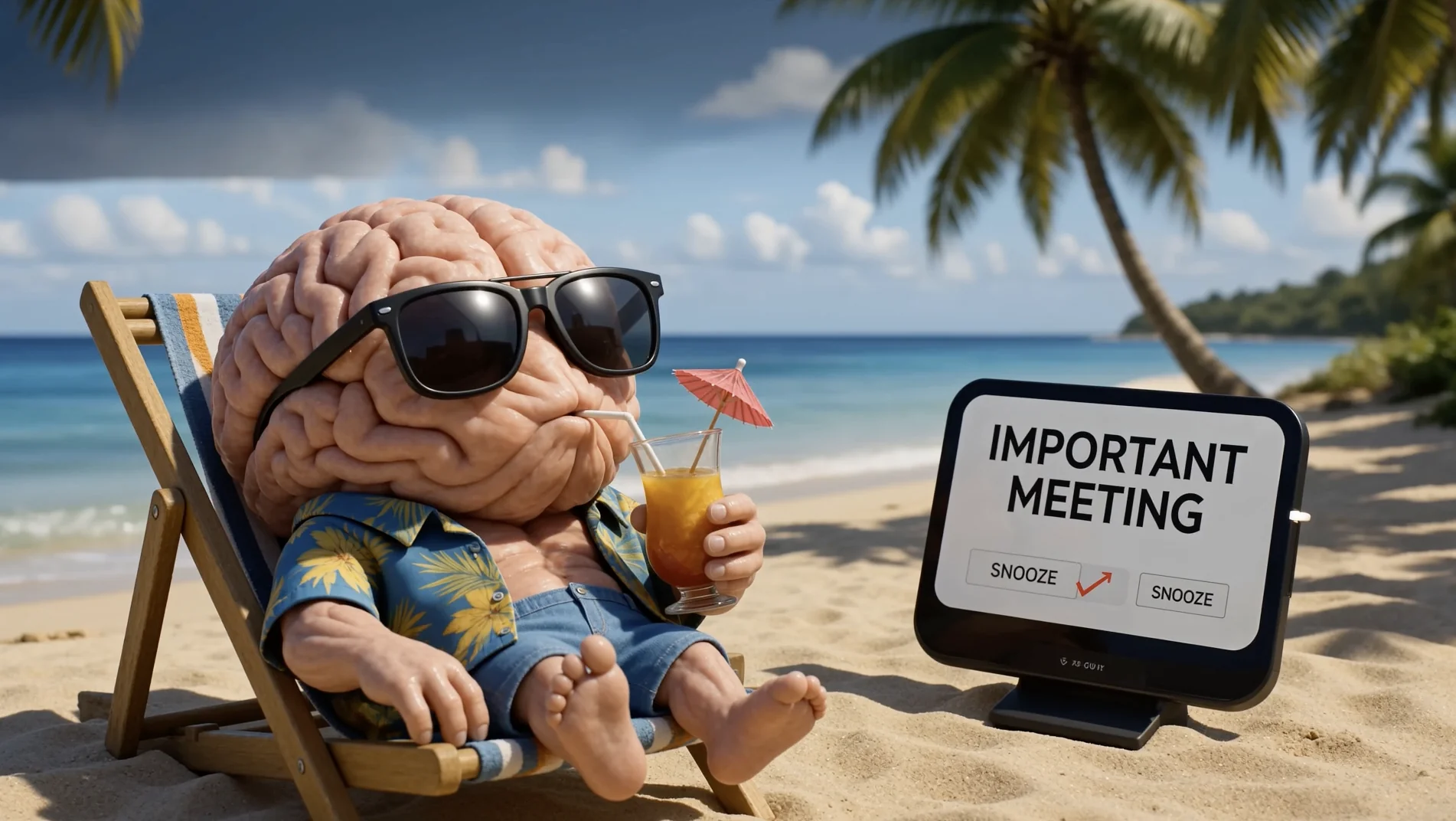 A brain in sunglasses and a Hawaiian shirt relaxes in a beach chair with a drink while a screen reads Important Meeting