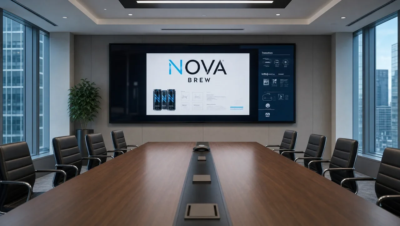 A modern boardroom with a long wood table, leather chairs, city views, and the brand presentation on a large wall screen