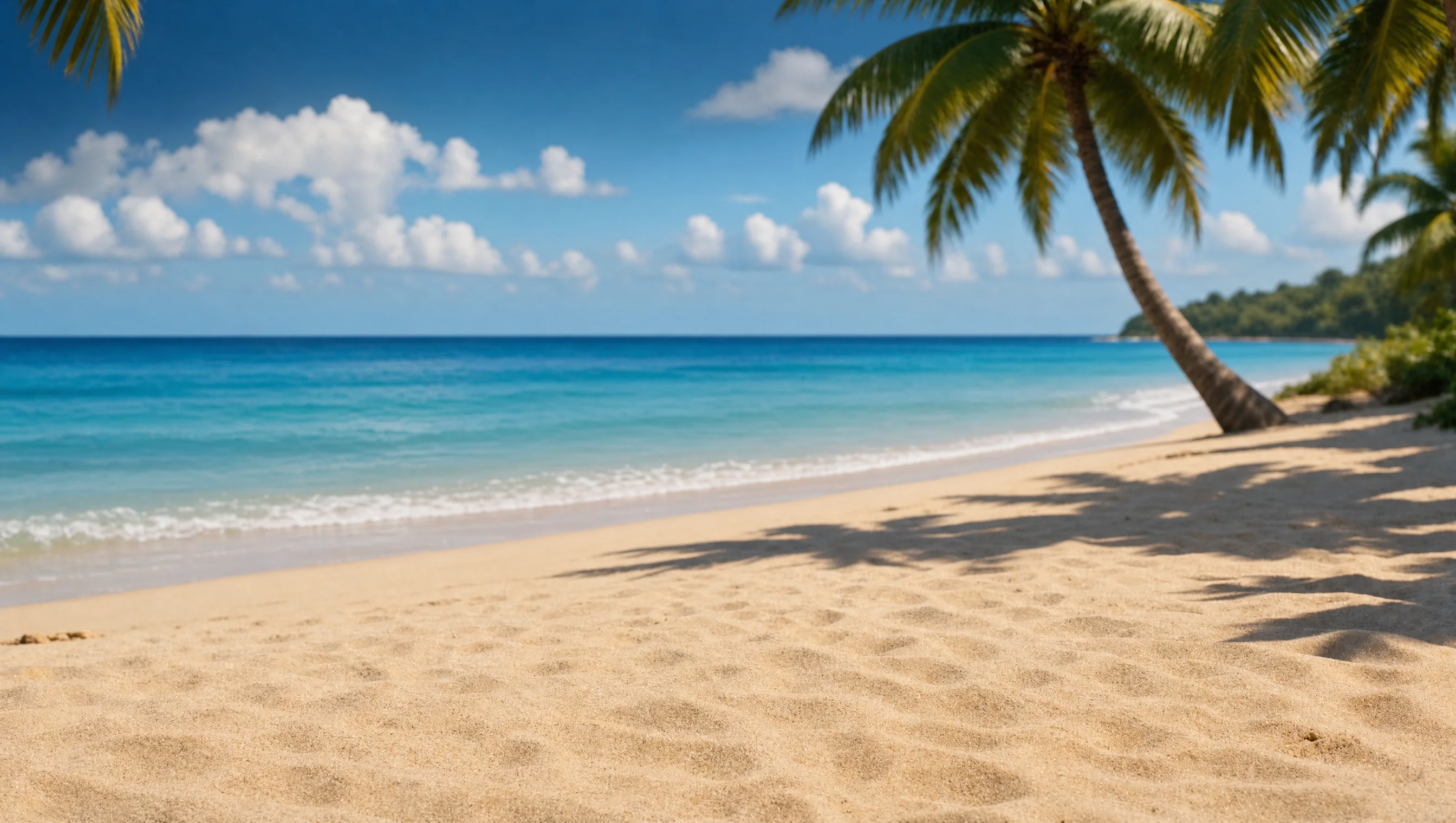 An empty tropical beach with turquoise water, soft white waves, golden sand and a leaning palm tree casting shadows