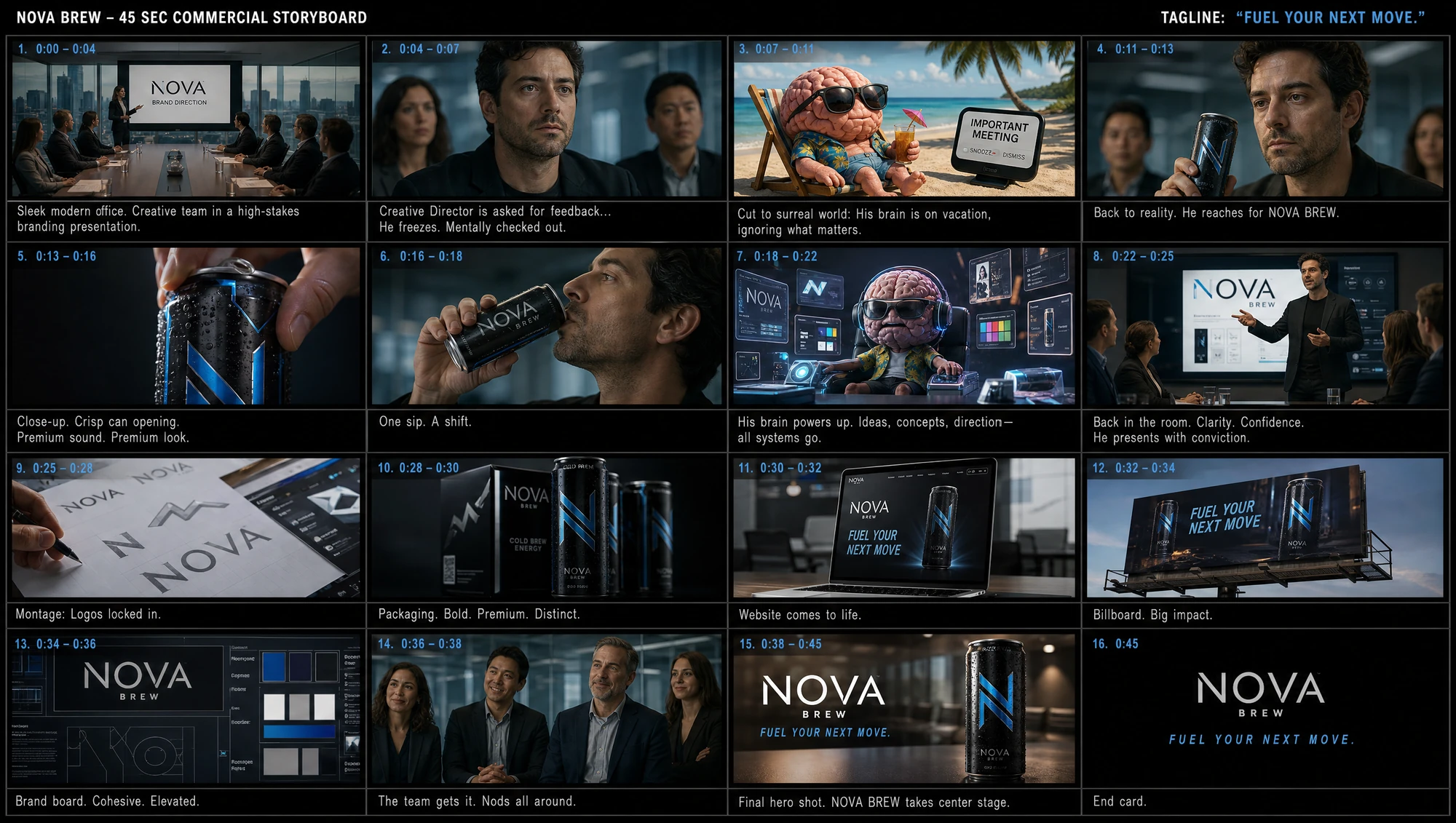 Storyboard of a 45-second commercial in 16 numbered frames with timecodes and a short description under each, ending on the end card